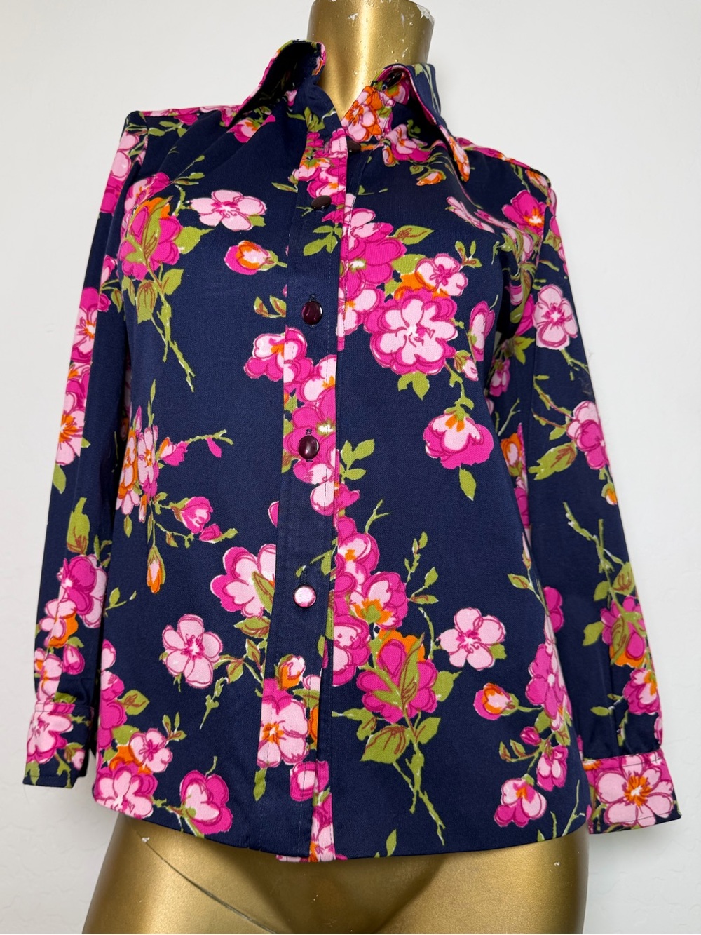 Custom Vintage 1970s Dagger Collar Pink Floral Print Button-down shirt approx S